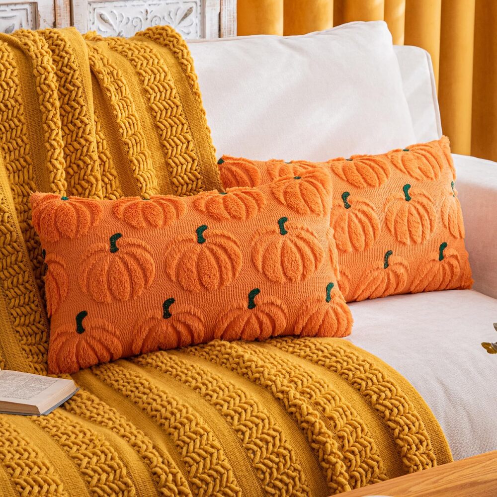 4696 Pumpkin Fall Decorative Throw Pillow Covers 12"x20", Set of 2 Orange